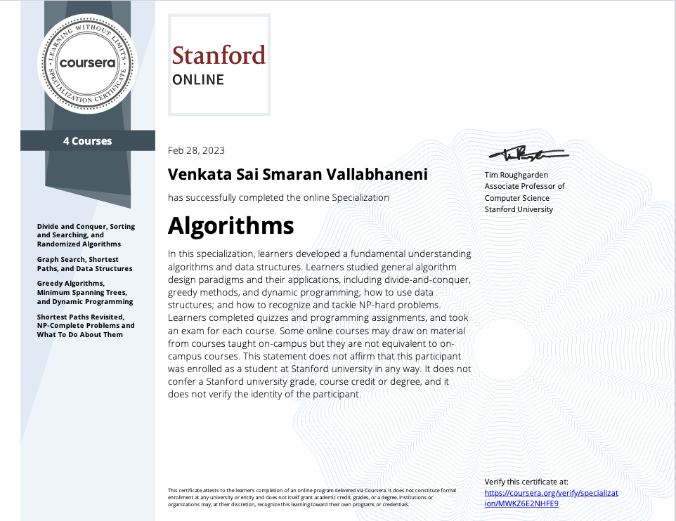 Algorithms Specialization Certificate