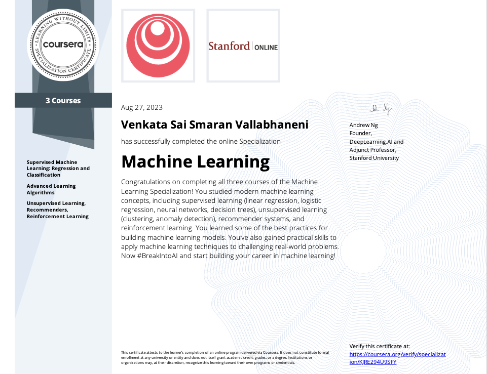 Machine Learning Specialization Certificate