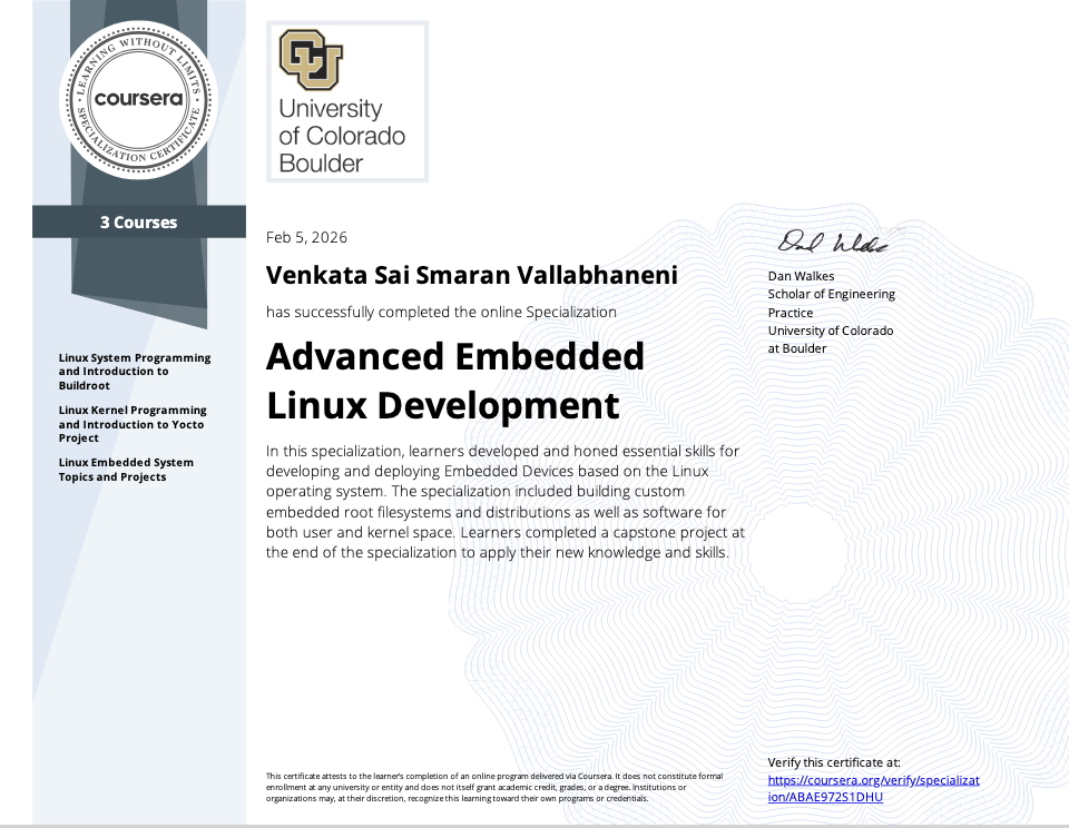Advanced Embedded Linux Development Specialization Certificate