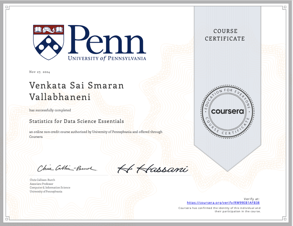 Statistics for Data Science Essentials Certificate